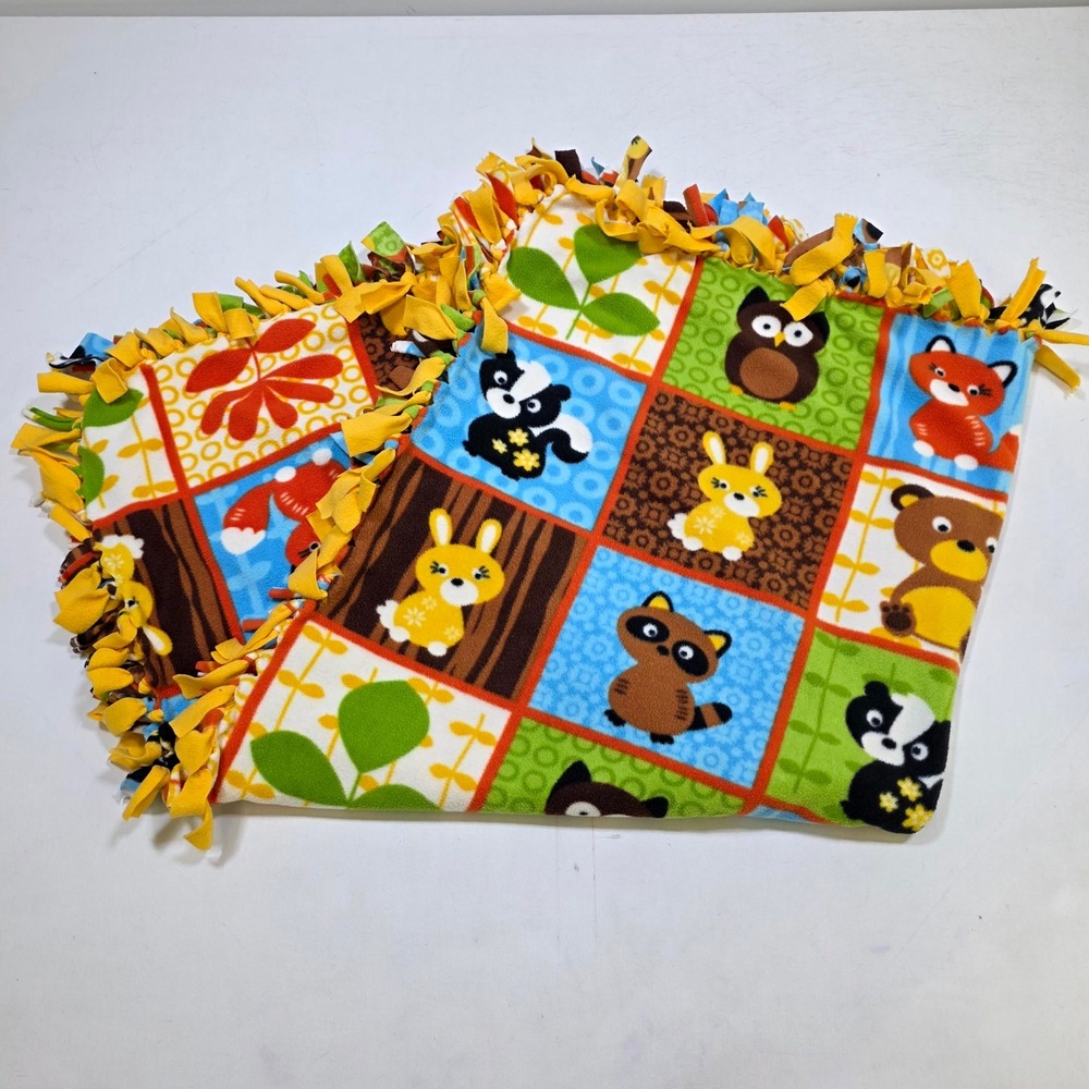 Fleece Tie Blanket 48x54 Yellow Woodland Animal Fox Owl Bear Raccoon Nursery